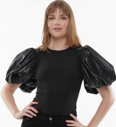 Ribbed Faux Leather Sleeve Top