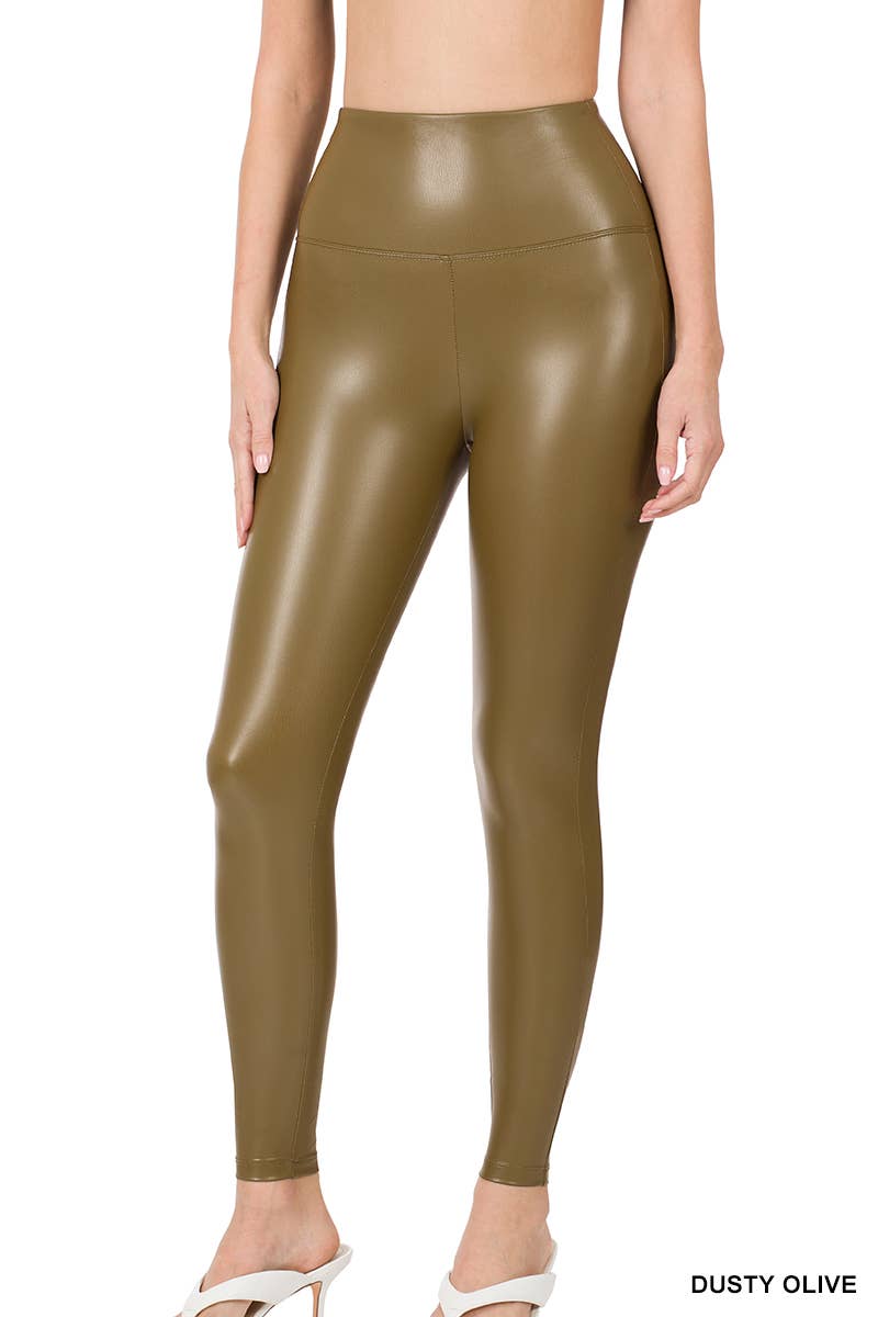 High Waist Faux Leather Leggings - Olive