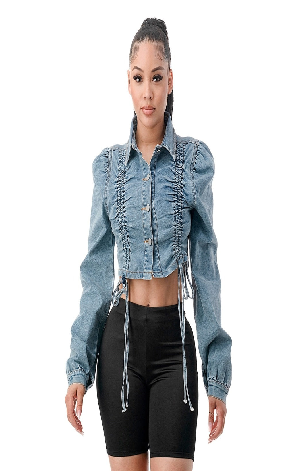Cropped Drawstring Denim Jacket - (Last one in 3X) - *CLEARANCE ITEM - FINAL SALE*